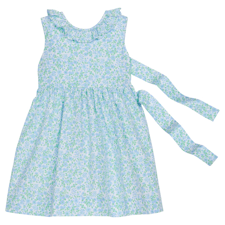 Little English traditional children's clothing, girl's classic ruffle collar dress for Spring in blue and green floral print, Millbrook floral 