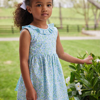 Little English traditional children's clothing, girl's classic ruffle collar dress for Spring in blue and green floral print, Millbrook floral