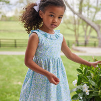 Little English traditional children's clothing, girl's classic ruffle collar dress for Spring in blue and green floral print, Millbrook floral
