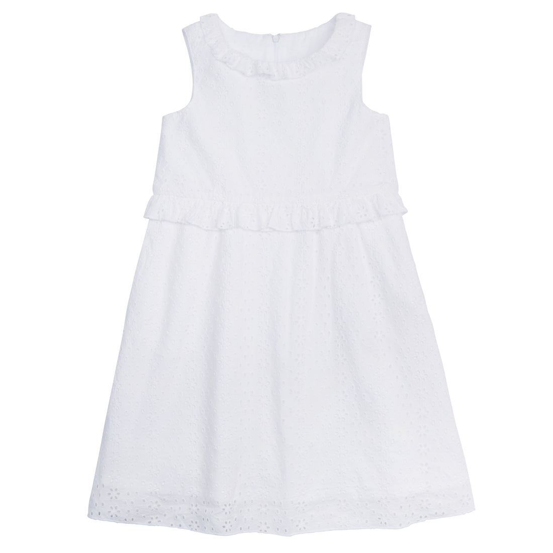 classic childrens clothing girls white eyelet dress with ruffle trim around waist and neckline