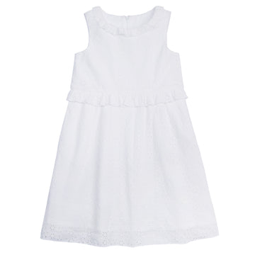 classic childrens clothing girls white eyelet dress with ruffle trim around waist and neckline