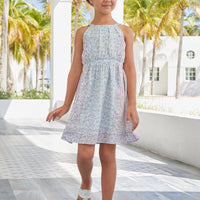 Little English classic knee high dress with a floral pattern in pink, purple, and blue
