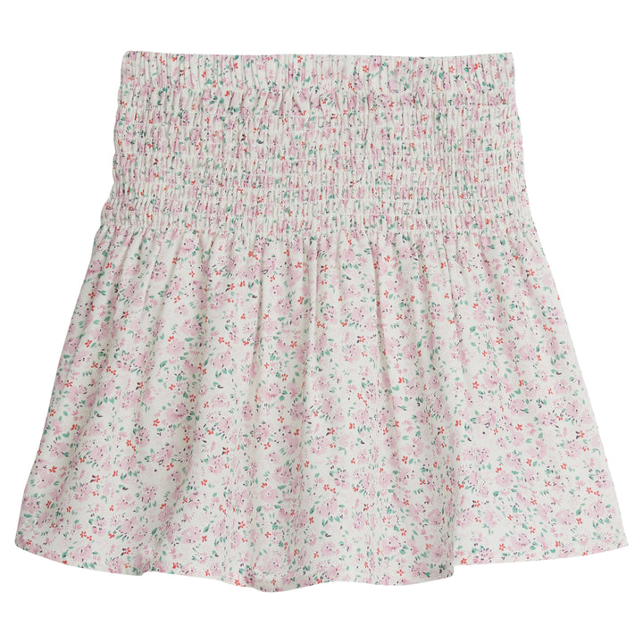 Little English traditional children's clothing, girl's casual skirt for Spring with shirred elastic waistband in pink floral print
