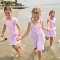 Little English classic leela dress in jaipur pink with smocked details and self tie shoulder straps, for little girl 