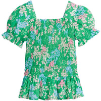 Little English traditional children's clothing.  Green, pink and blue floral print blouse for girl's for spring.  