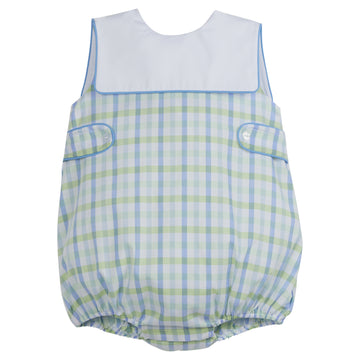 Little English traditional children's clothing, baby boy's classic bubble in blue and green plaid with bib collar and button tab detail for Spring, Wingate Plaid 