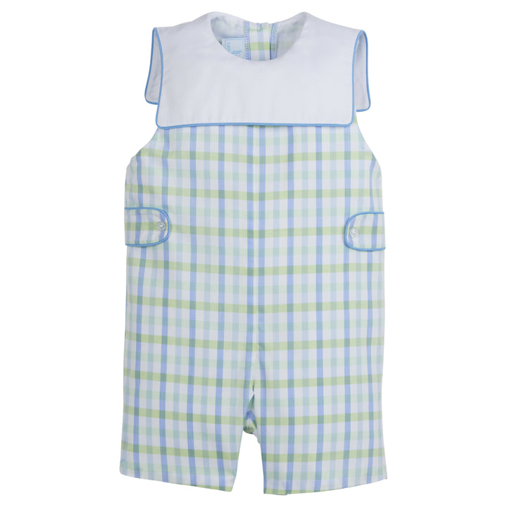 Little English traditional children's clothing, boy's classic john john in blue and green plaid with bib collar and button tab detail for Spring, Wingate Plaid 