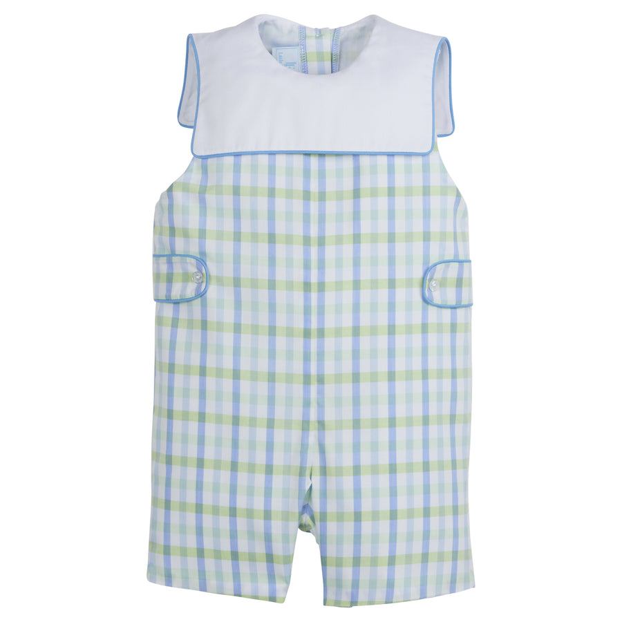 Little English traditional children's clothing, boy's classic john john in blue and green plaid with bib collar and button tab detail for Spring, Wingate Plaid 