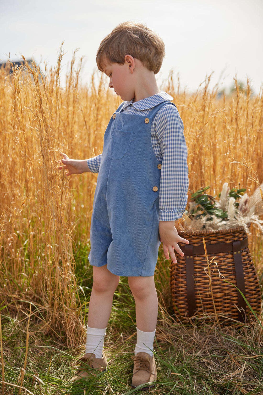 little english classic childrens clothing tween boys gray blue corduroy shortall with wooden buttons