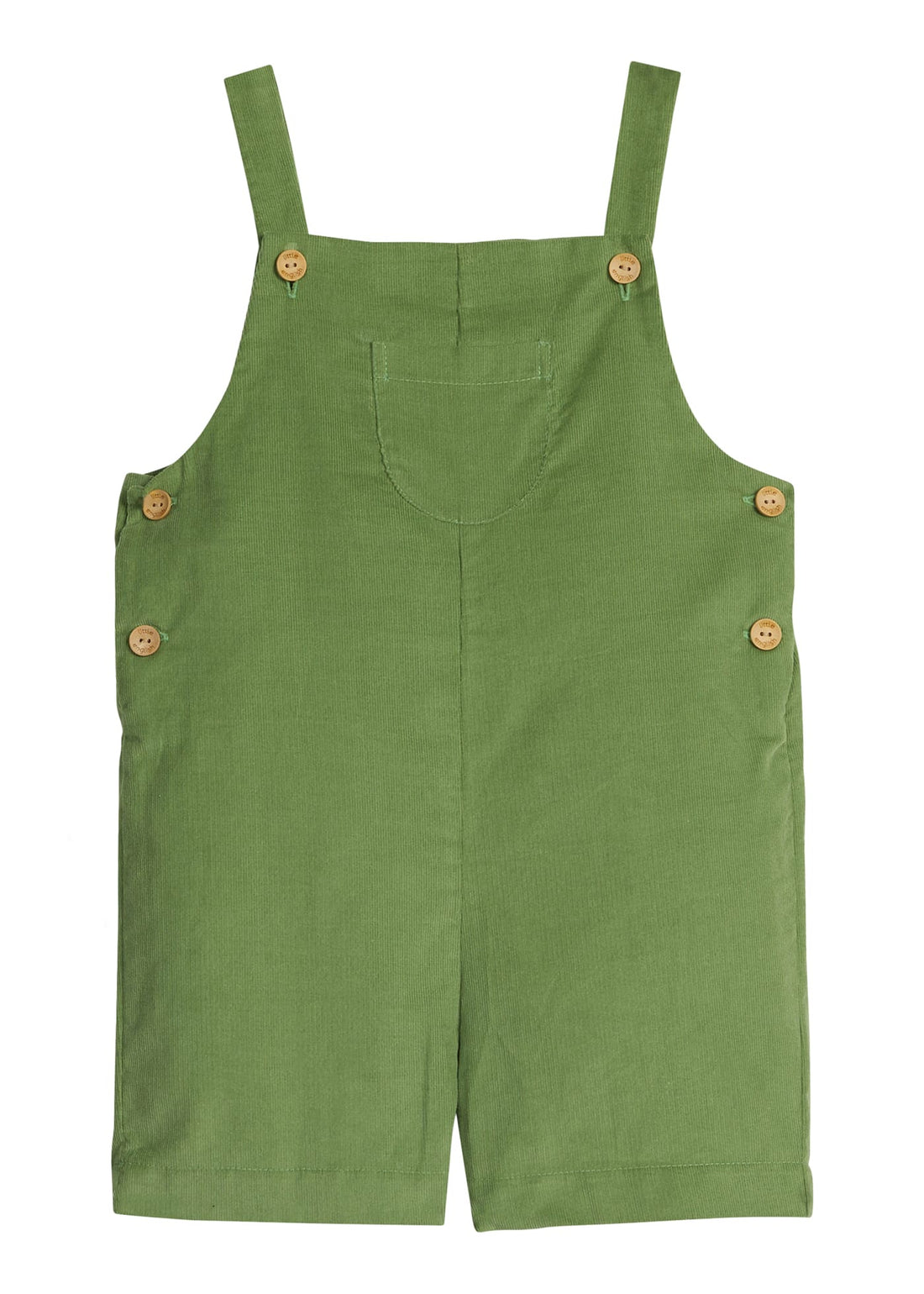 Little English classic shortall for little boys. Watercress green corduroy shortall with wood button details and small pocket in the center