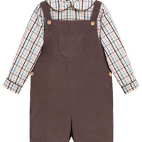 Little English traditional children's clothing. Brown, pink, and blue Wilmington plaid peter pan shirt paired with chocolate brown corduroy shortall for toddler boys