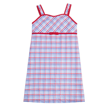 classic childrens clothing girls strappy red white and blue plaid dress with red piping and skinny bow