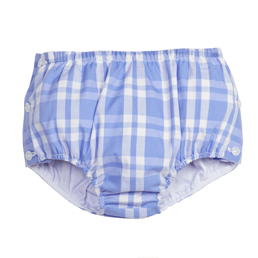 Little English baby boy's diaper cover in blue and white plaid for spring