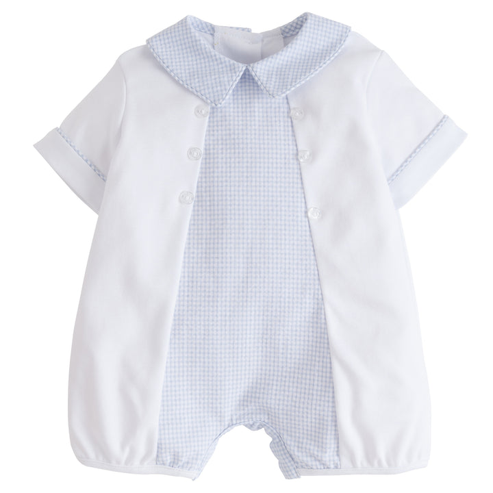 Little English classic baby boy's bubble with light blue seersucker gingham and white knit body