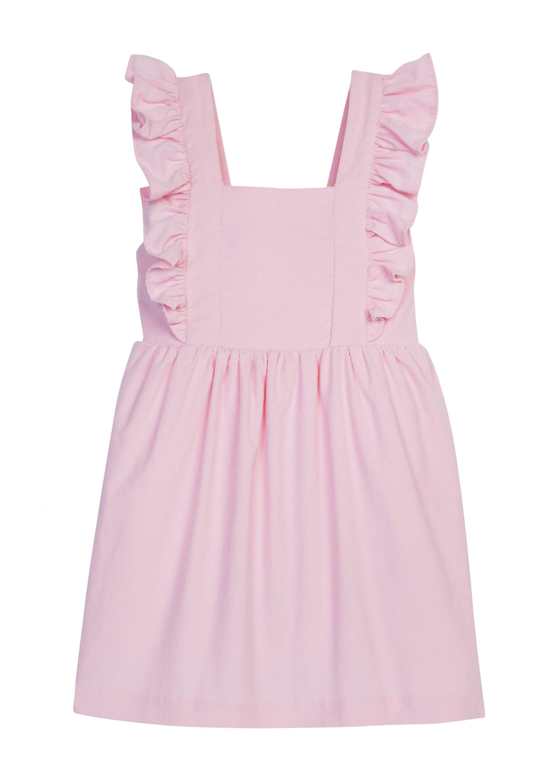 little english classic kids clothing, girls light pink corduroy jumper with ruffled crisscross straps