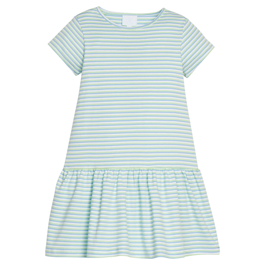 Little English Classic T-shirt dress in green, blue, and white greenview stripe, for little girl  