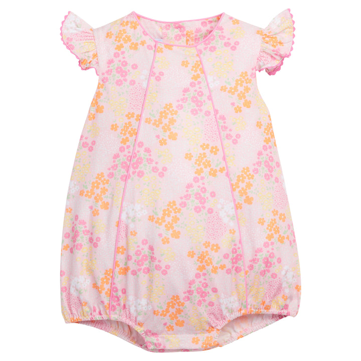 Little English classic children's clothing.  Pink and orange floral bubble for Spring, Derby Floral bubble for baby girl