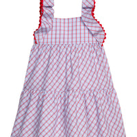 Little English traditional children's clothing. Patriotic red and blue plaid dress for girls with flutter sleeves with ricrac trim. 4th of July outfit for girls.