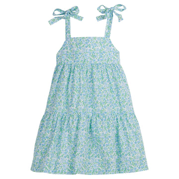 Little English traditional children's clothing, girl's classic tiered tie-shoulder dress for Spring in blue and green floral print, Millbrook floral