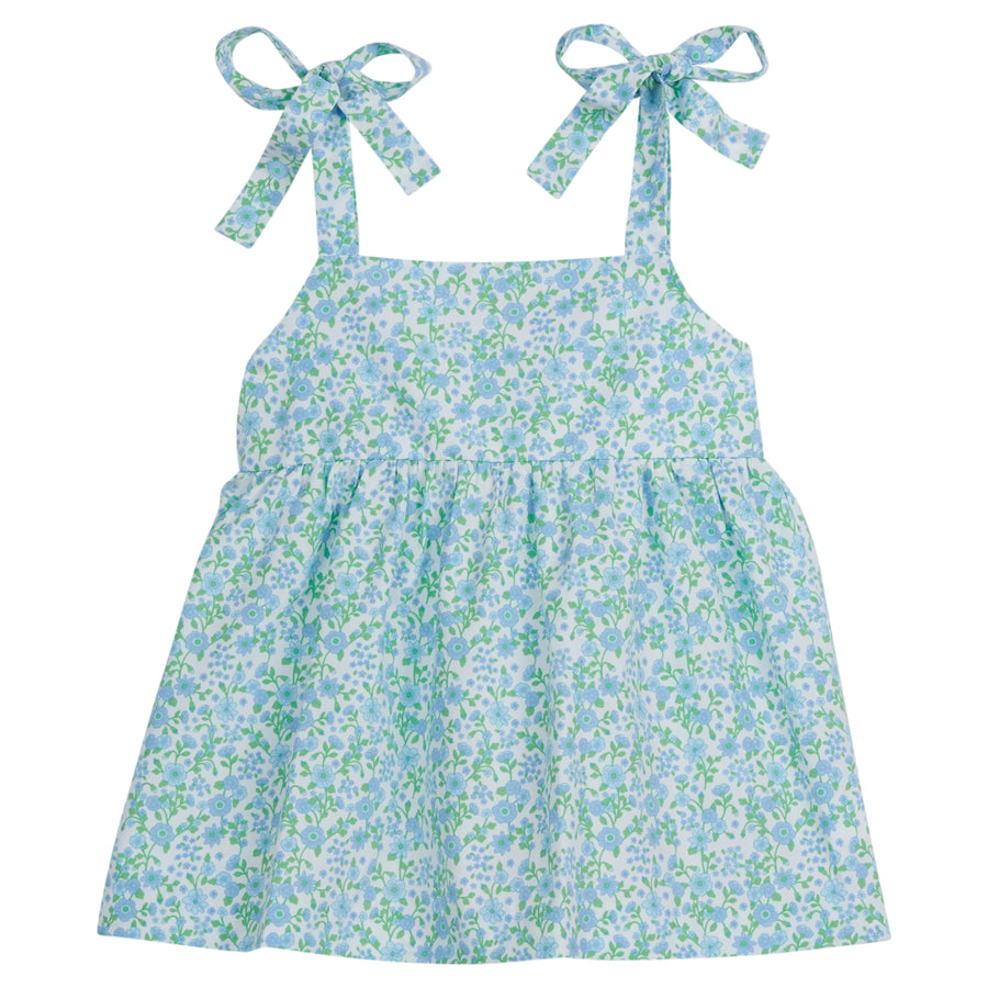 Little English traditional children's clothing, girl's classic tie-shoulder top for Spring in blue and green floral print, Millbrook floral