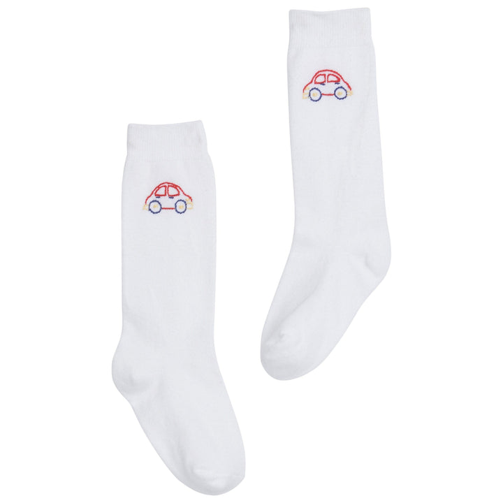 white knee high socks with embroidered car