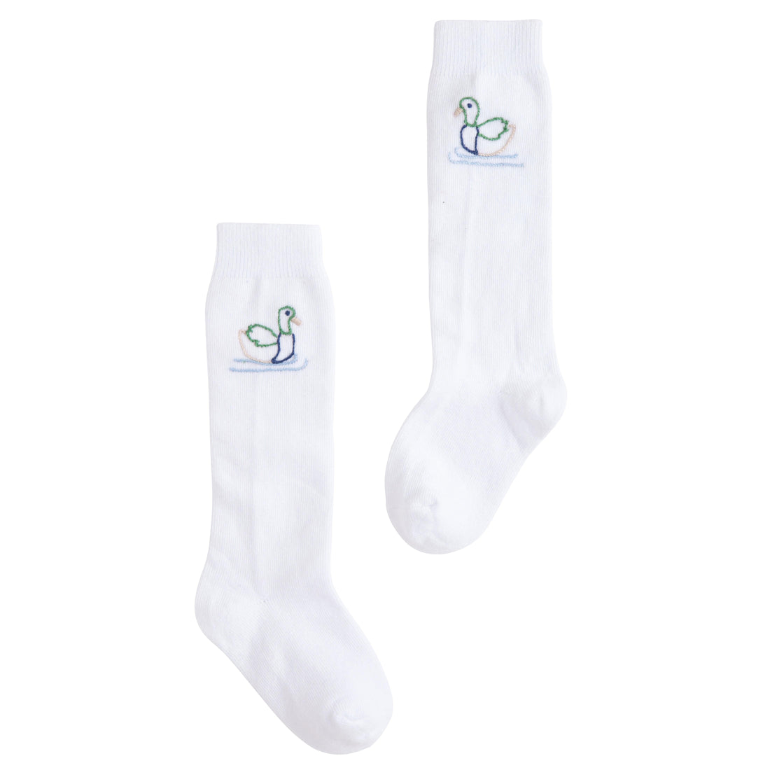 Little English classic kids clothing, white knee high socks with blue and green mallard duck embroidery for little girls and boys