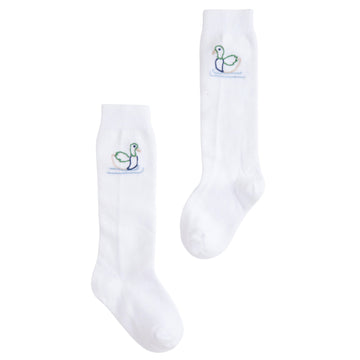 Little English classic kids clothing, white knee high socks with blue and green mallard duck embroidery for little girls and boys