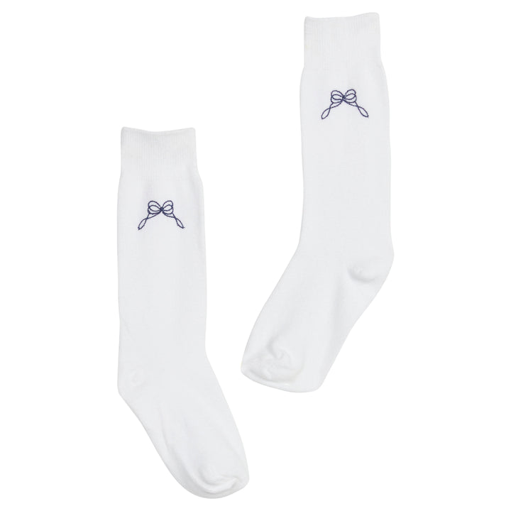 Little English classic kids clothing, white knee high socks with navy bow embroidery for little girls