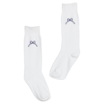 Little English classic kids clothing, white knee high socks with navy bow embroidery for little girls