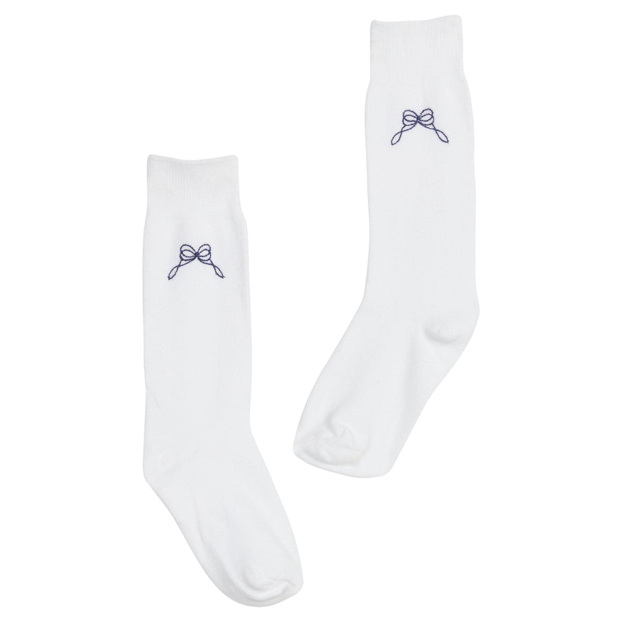 Little English classic kids clothing, white knee high socks with navy bow embroidery for little girls