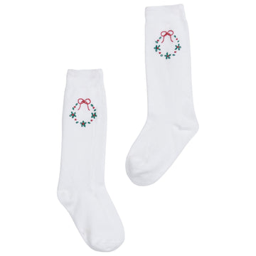 little english classic chidlrens clothing knee high white socks with embroidered wreath