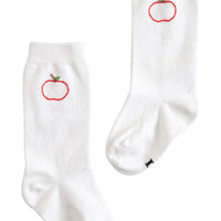 little english classic childrens clothing, unisex white knee high socks with embroidered apples