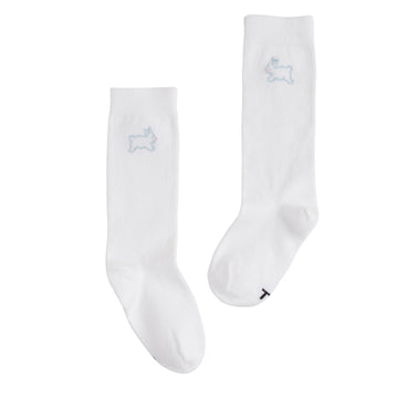 Little English traditional children's clothing, white knee high socks with blue bunny embroidery for easter