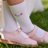 Little English classic childrens clothing toddler girl white knee socks with embroidered pink and blue flowers