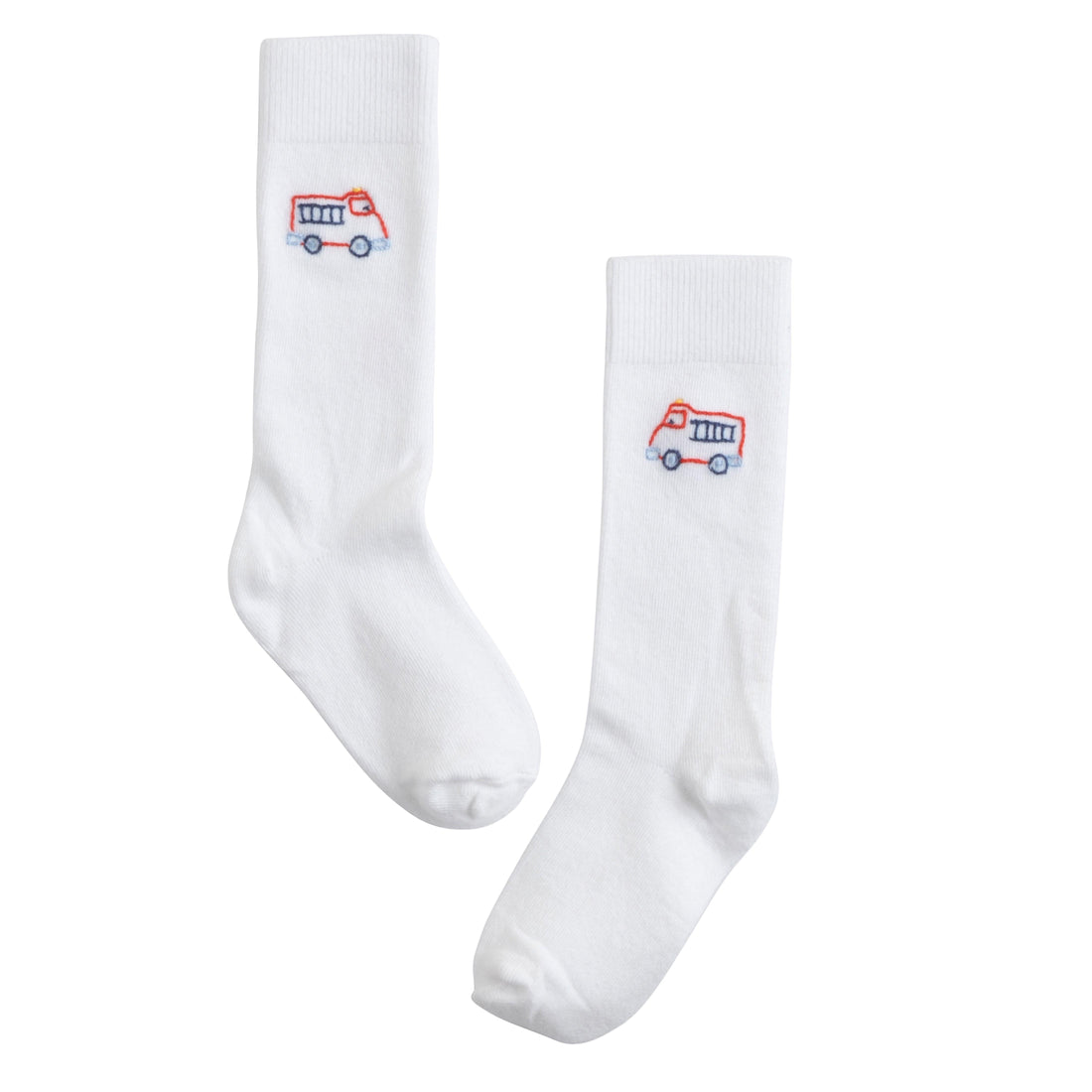 Little English classic kids clothing, white knee high socks with red and blue fire truck embroidery for little boys