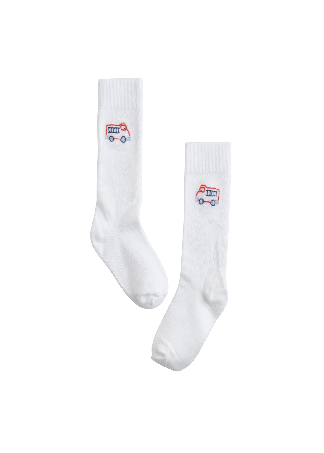 Little English classic kids clothing, white knee high socks with red and blue fire truck embroidery for little boys
