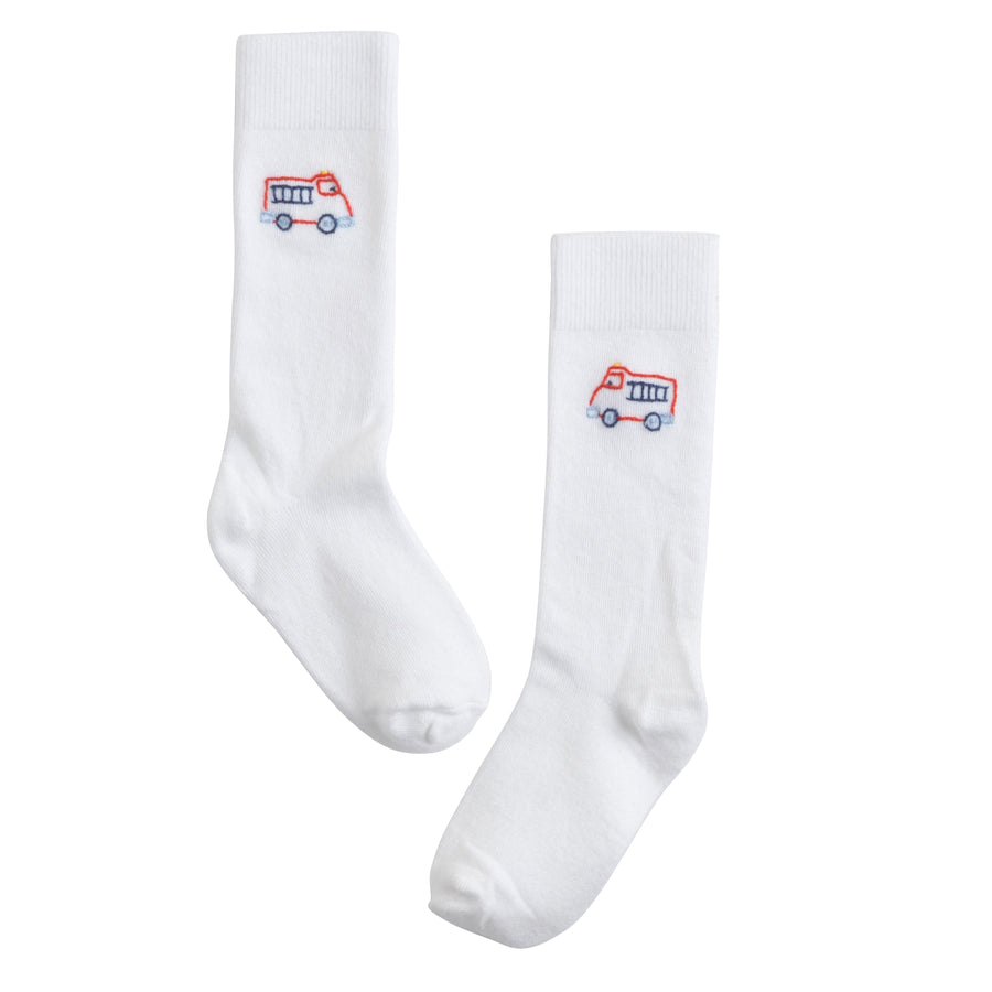 Little English classic kids clothing, white knee high socks with red and blue fire truck embroidery for little boys