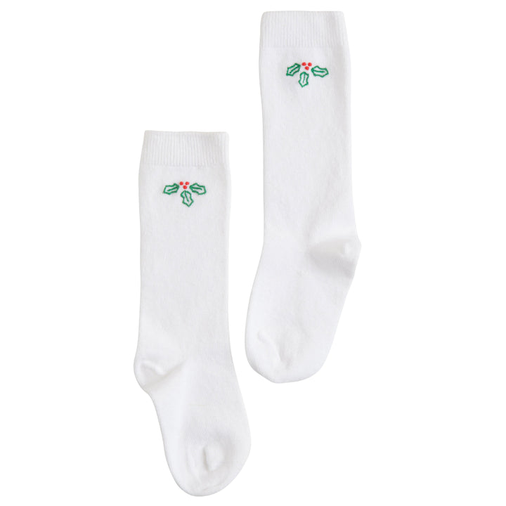 Little English classic kids clothing, white knee high socks with red and green holly embroidery for little boys and girls for the holidays