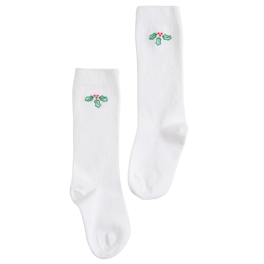 Little English classic kids clothing, white knee high socks with red and green holly embroidery for little boys and girls for the holidays