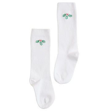 Little English classic kids clothing, white knee high socks with red and green holly embroidery for little boys and girls for the holidays
