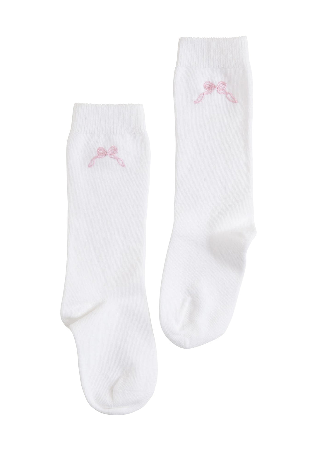 Little English classic white knee high socks with pink bow embroidery for little girls.