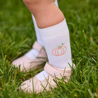Little English classic children's clothing.  White cotton knee high socks with pumpkin embroidery for little boys and girls.