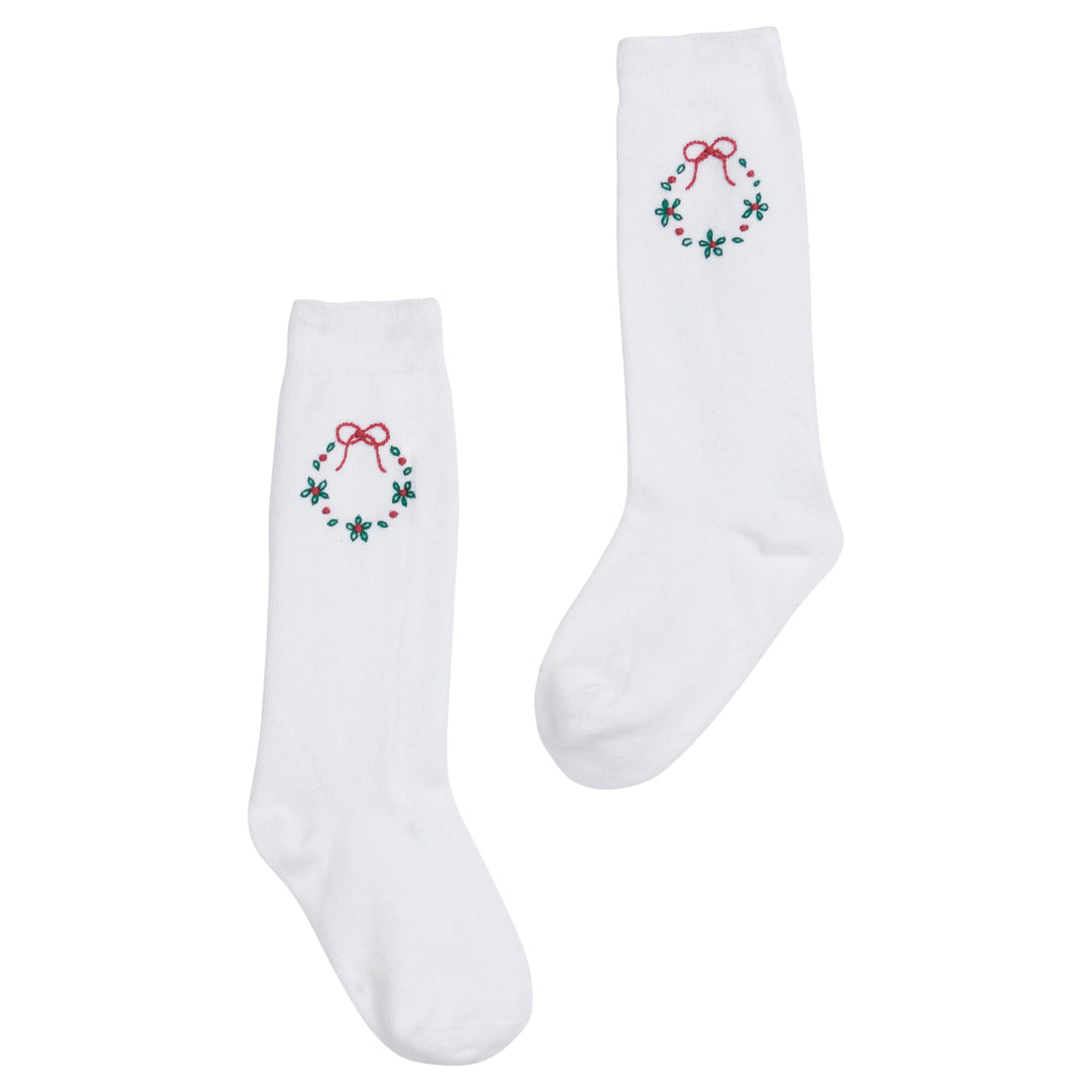 Little English classic kids clothing, white knee high socks with red bow and green wreath embroidery for little girls