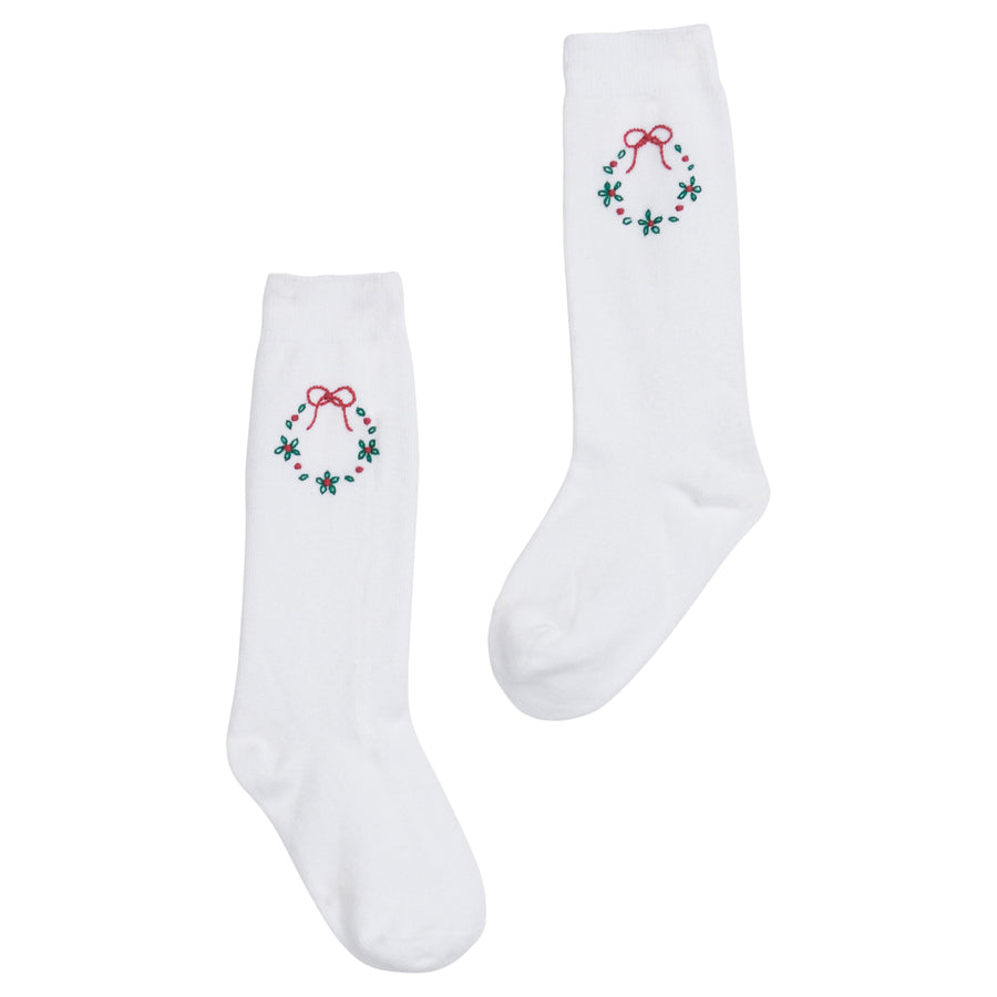 Little English classic kids clothing, white knee high socks with red bow and green wreath embroidery for little girls