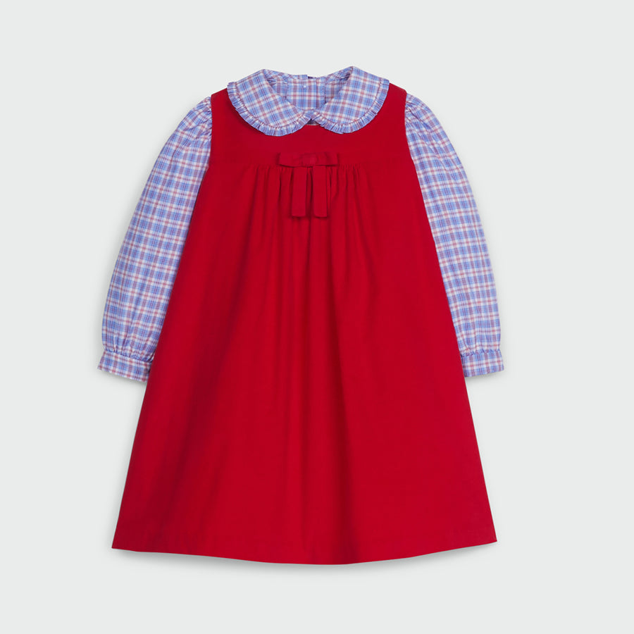little english classic childrens clothing girls ruffled peter pan blouse in a blue and red plaid with red corduroy bow jumper