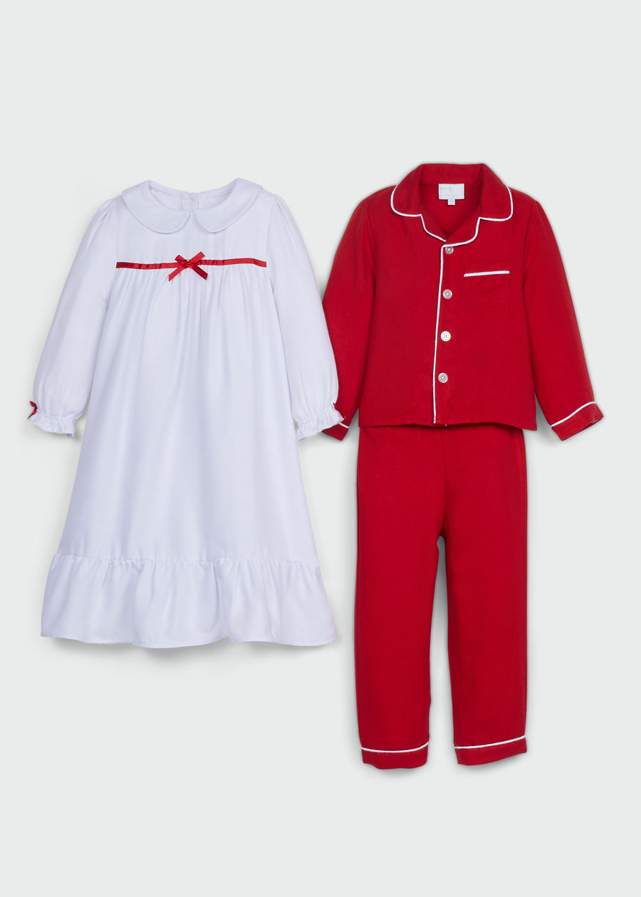 Little English traditional girl's flannel style nightgown, little girl's classic christmas nightgown in white with light red bow and coordinating red two piece set