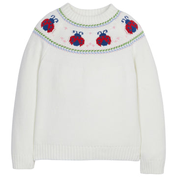 Little English classic toddler girl ivory knit sweater with lady bug motif around neckline