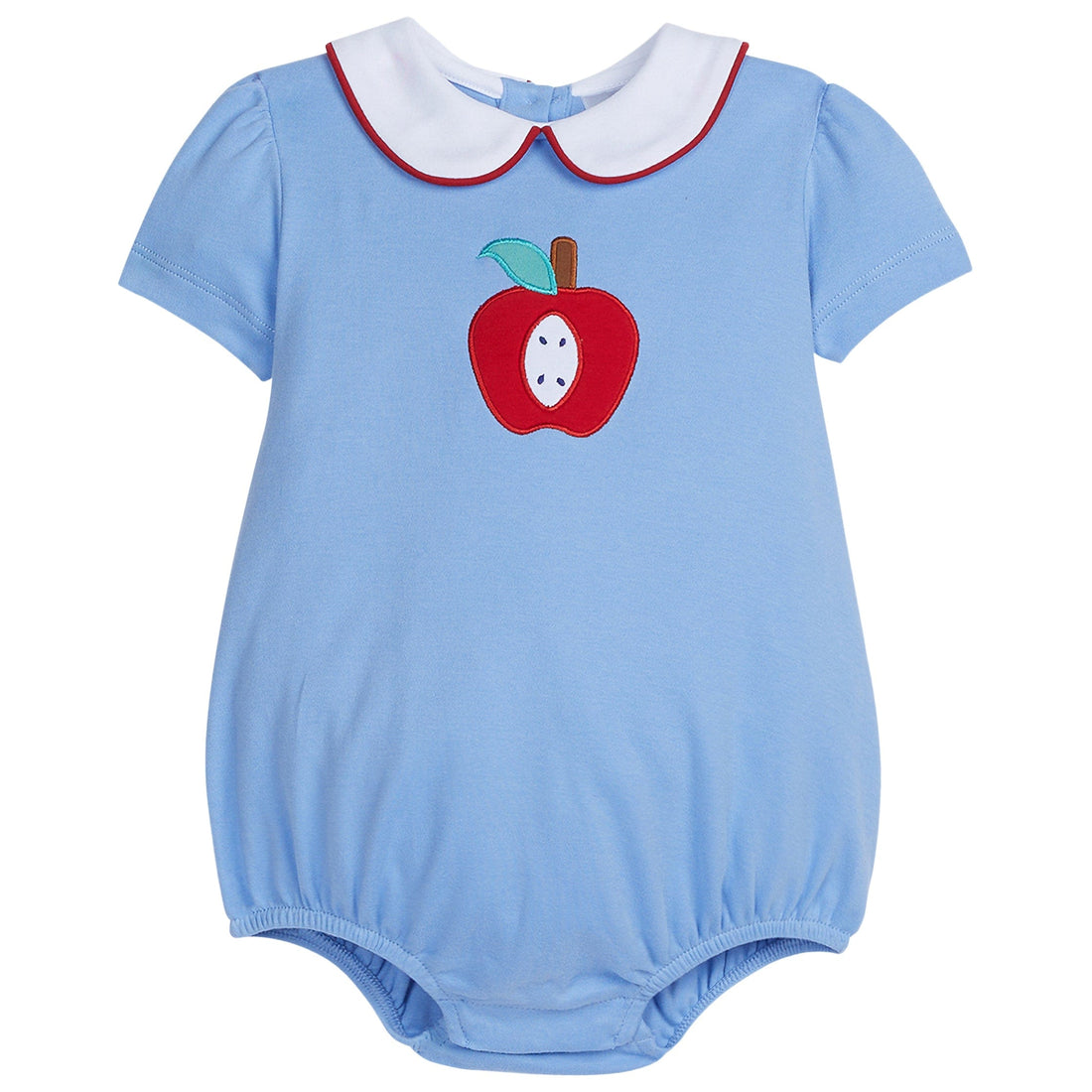 little english classic childrens clothing girls light blue bubble with peter pan collar and applique apple