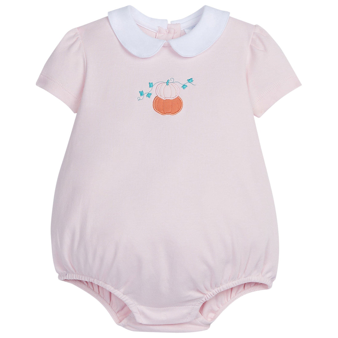 little english classic chidlrens clothing girls light pink bubble with pink and orange pumpkin and peter pan collar