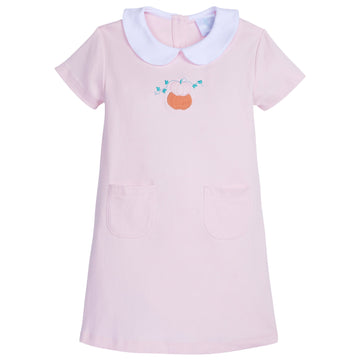 little english classic childrens clothing girls light pink short sleeve dress with white peter pan collar and pumpkin motif